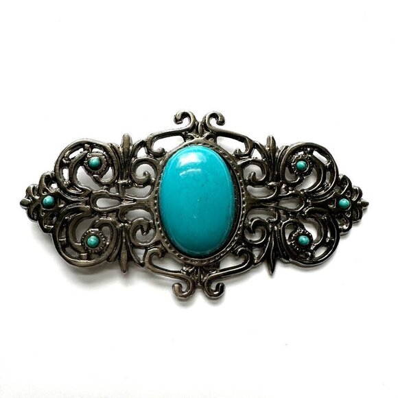 Tesoro Supplies Accessories - 1pc Vintage filigree buckle faux turquoise accents. Gunmetal finish. 5 x 2.75